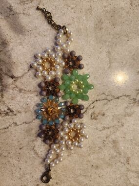 Handcrafted Floral Pearl and Bead Bracelet - Green, Gold, Blue Accents